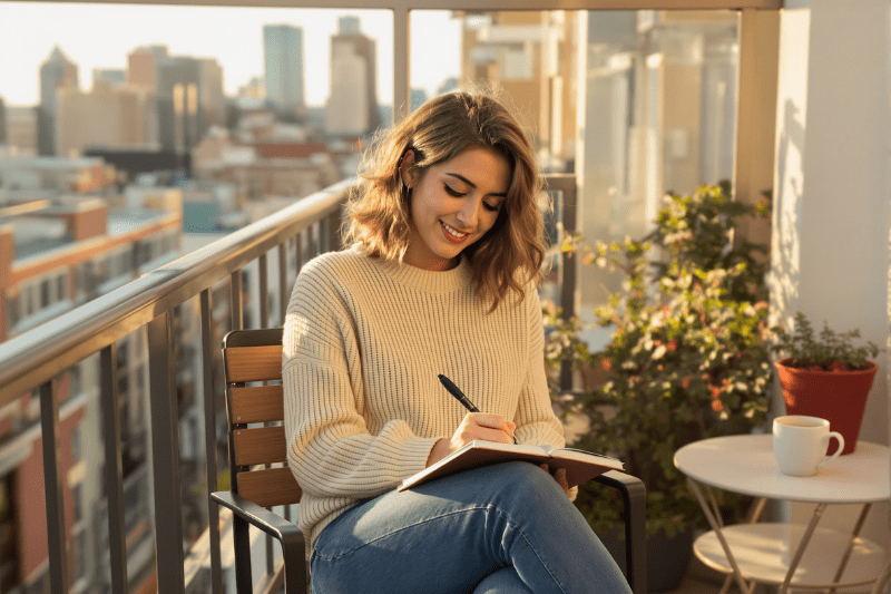 Writer sat on a sunny balcony 