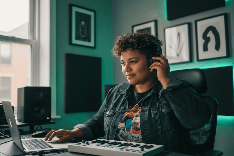 woman producing music with headphones on