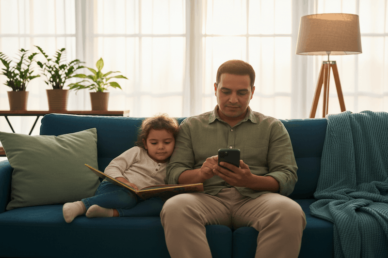 parent looking at phone with child on couch
