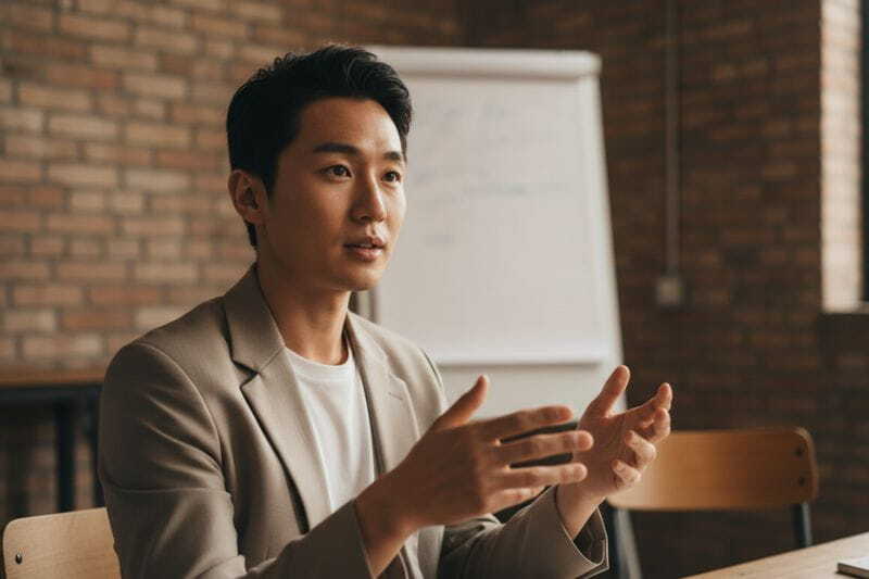 Public speaking coach leading a workshop, close-up portrait