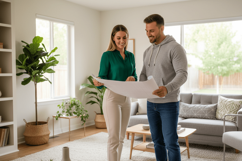 Two people looking at blueprints in a bright room
