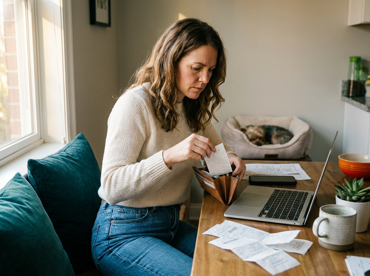 A person looking through receipts in a home office
