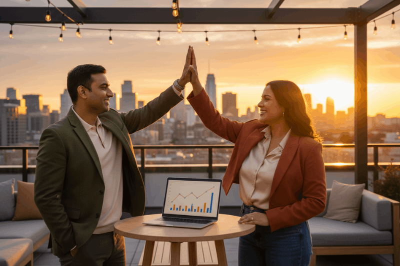 Two business partners on a rooftop terrace high-fiving while reviewing charts on a laptop with a city skyline in the background.