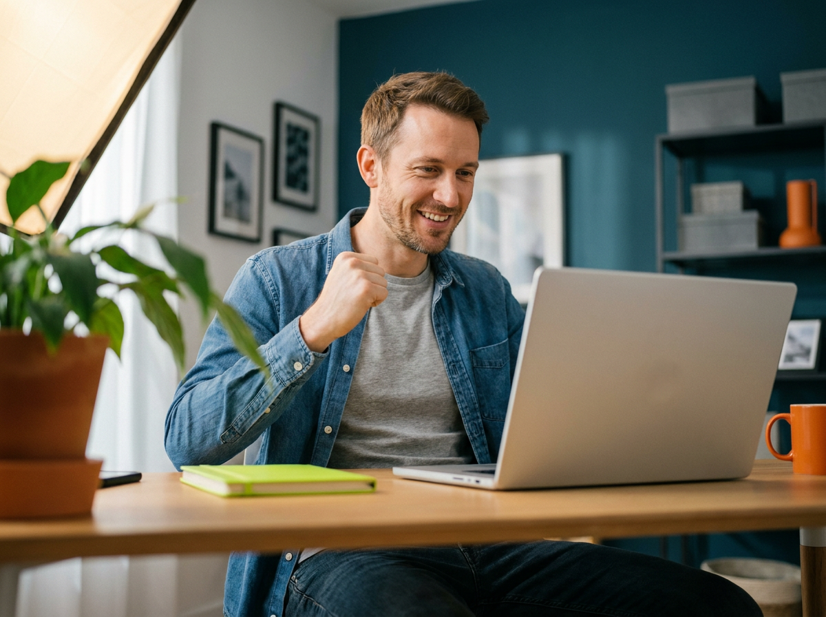 Entrepreneur celebrating in a home office