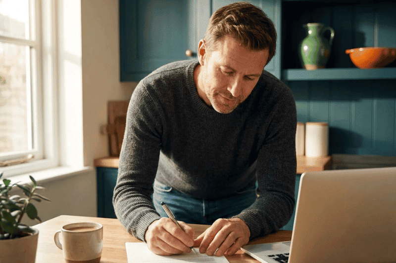 solo-professional-reviewing-business-plan-kitchen-table