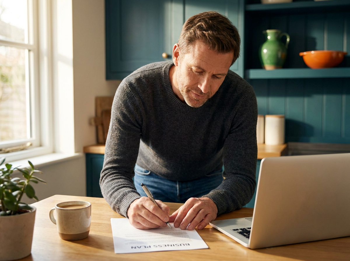 A professional reading documents at a kitchen table