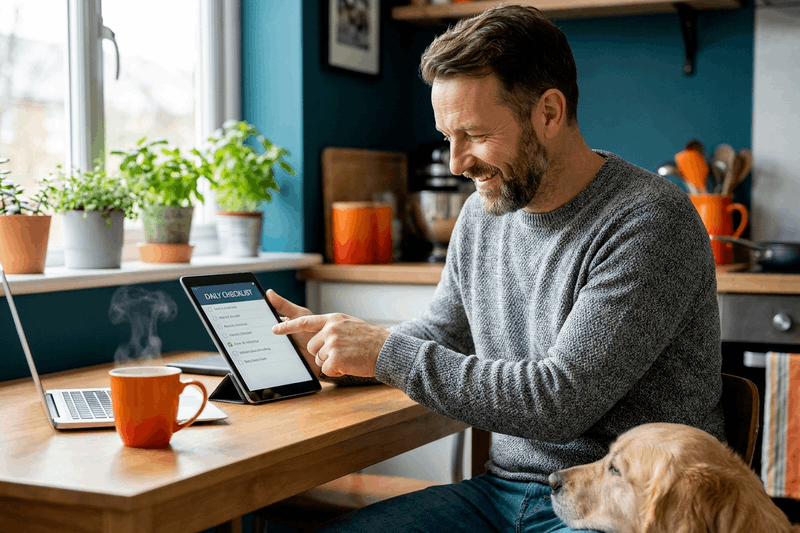 Solopreneur reviewing documents with his dog