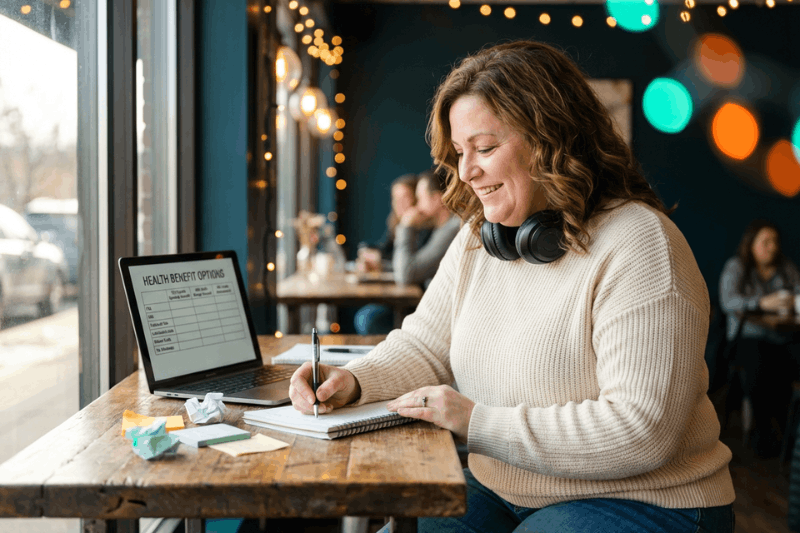 Woman working in a coffee shop, writing notes while reviewing health benefit options displayed on a laptop