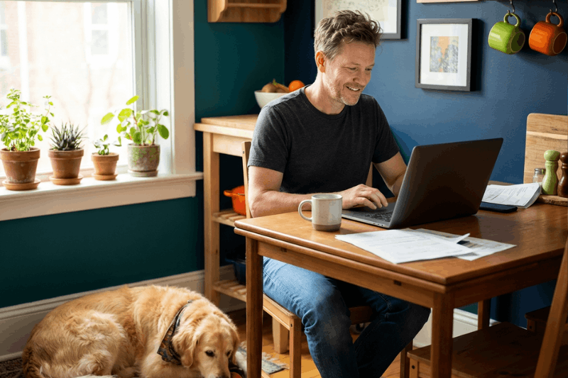 Man working on a laptop at a kitchen table with a coffee mug while his dog rests on the floor.
