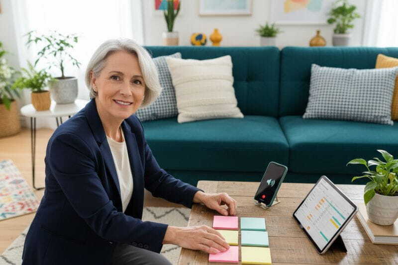 solopreneur kneeling by coffee table working on a content calendar