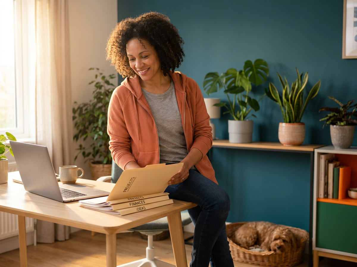 Solopreneur at a tidy home office desk reviewing neatly labeled folders beside a laptop, warm late-afternoon light, plants and a small pet nearby conveying calm and control.