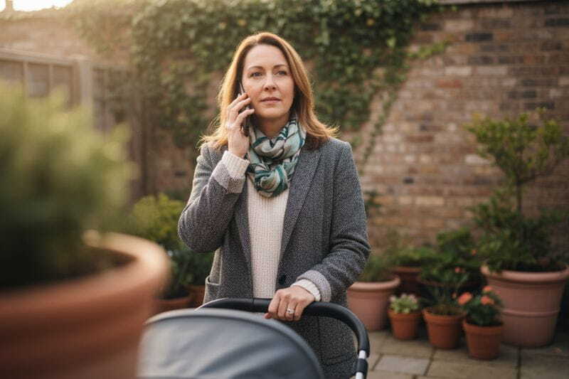 a solopreneur with a stroller in her backyard taking a call
