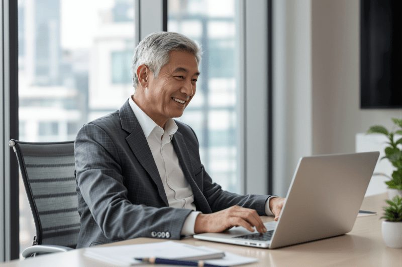 businessman sitting at a laptop in an office