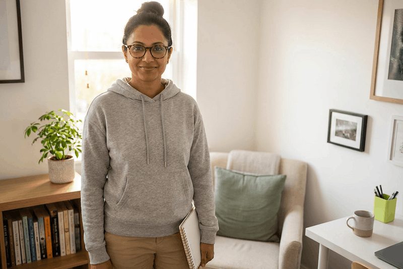 therapist standing in a home office