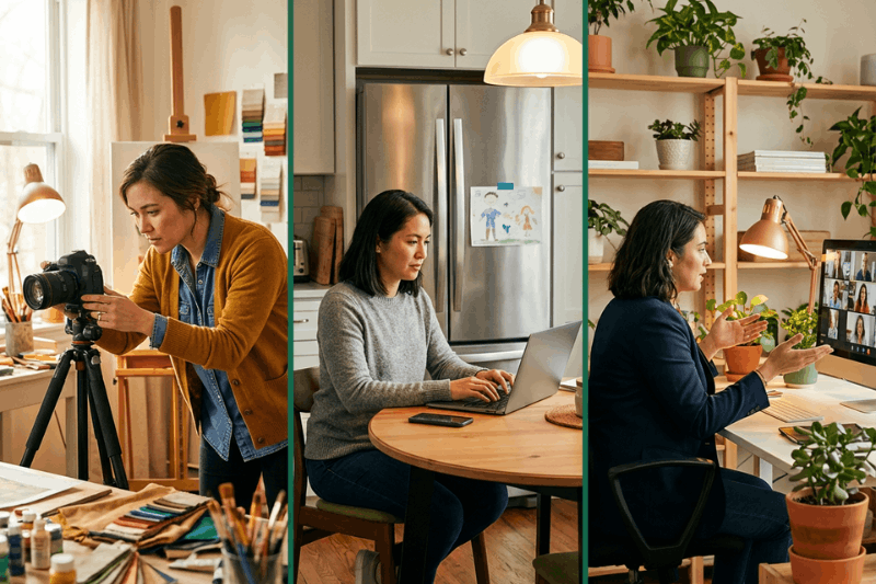 Three-panel image showing solopreneurs working from home, including a photographer adjusting a camera, a woman using a laptop at a kitchen table, and a professional in a video call at a desk.