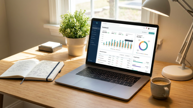 A clean, organized home office setup with a laptop displaying a financial dashboard, a notebook, and a coffee — warm natural light, product-meets-lifestyle photography style.