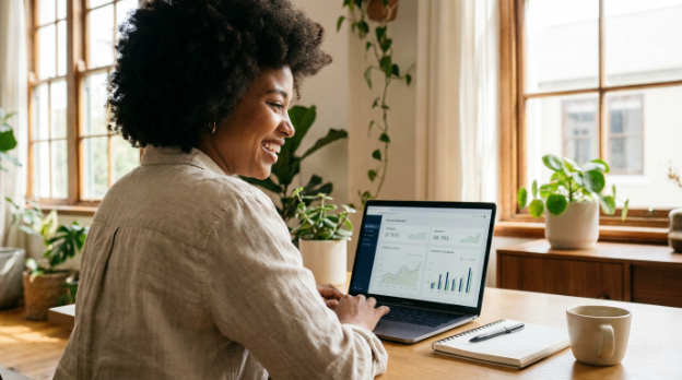 A confident solopreneur smiling at their laptop in a bright workspace, a subtle financial dashboard visible on the screen — lifestyle and product photography, natural light.