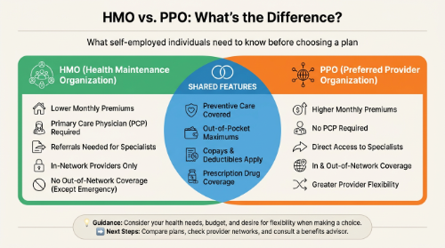 Infographic showing a Venn diagram comparing HMO and PPO plans with left-only HMO features, right-only PPO features, and shared features in the center, plus a subtitle for self-employed considerations and a short guidance note at the bottom.