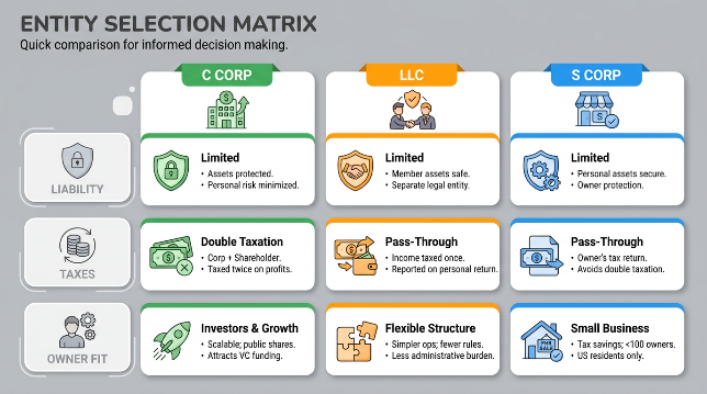 Infographic grid comparing C Corp, LLC, and S Corp across liability, taxes, and owner fit using rounded icons and brand color accents for quick visual comparison.