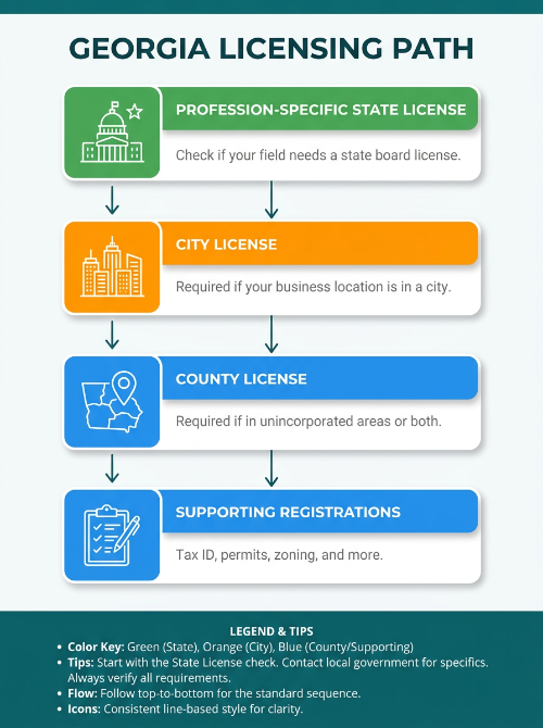 Infographic flowchart showing Georgia licensing steps stacked vertically from state license to city, county, and supporting registrations with color-coded nodes and clear labels for each step. Clean, modern flat design with line icons and a clear top-to-bottom decision path for quick understanding.