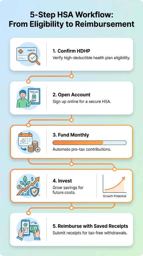 Vertical infographic showing a 5-step HSA workflow in stacked panels with rounded icons and a subtle gradient background; steps read confirm HDHP, open account, fund monthly, invest, and reimburse with saved receipts. The design uses white panels, brand color accents, and clear short labels for each step.