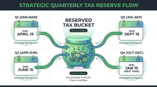 Infographic showing four quarterly calendar cards with arrows directing money into a central reserved tax bucket, using a dark background with green and blue accents for emphasis. Clear headings and short labels mark each quarter and the bucket to make estimated tax timing easy to understand at a glance.