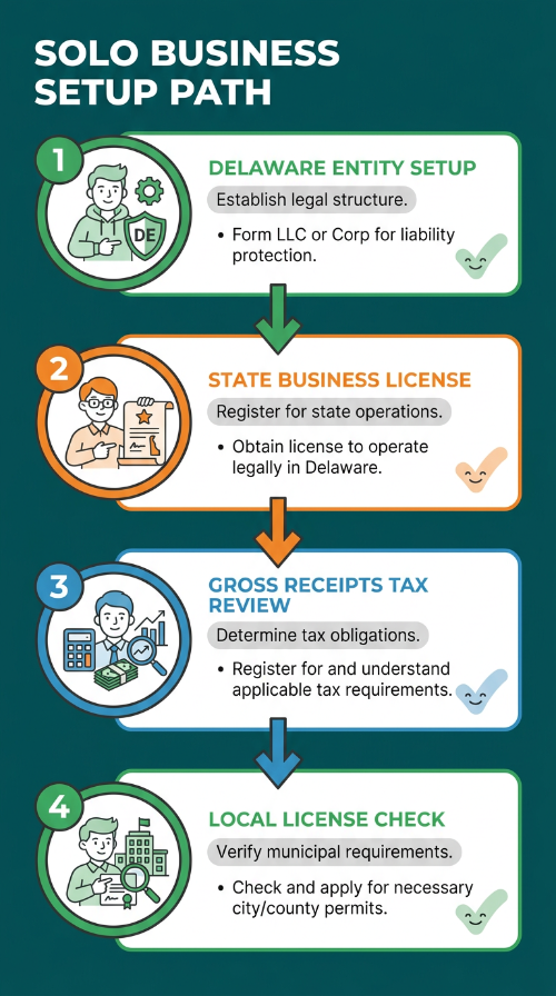 Vertical infographic timeline showing four compliance steps from Delaware entity setup to state business license, gross receipts tax review, and local license check, with friendly icons and arrows for easy scanning by a solo owner.