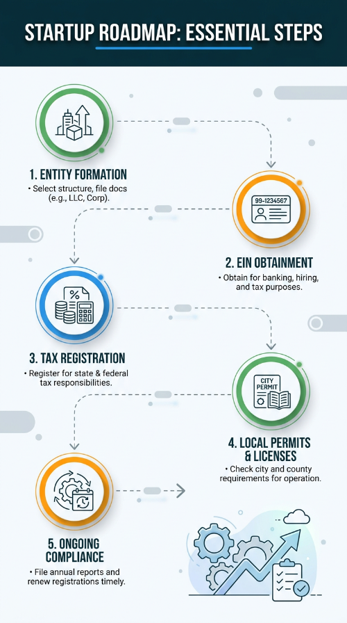 Vertical infographic roadmap showing the five startup formation steps from entity formation to ongoing compliance with labeled nodes connected by a dashed path and icons. Dark background with bright brand accents guides the eye down the checklist.