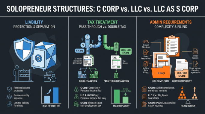Infographic comparing C Corp, LLC, and LLC taxed as S Corp across liability, tax treatment, and administrative requirements with three side-by-side panels, simple icons, and easy-to-read labels. Dark background with bright accent highlights and compact charts showing tax and admin differences for solopreneurs.