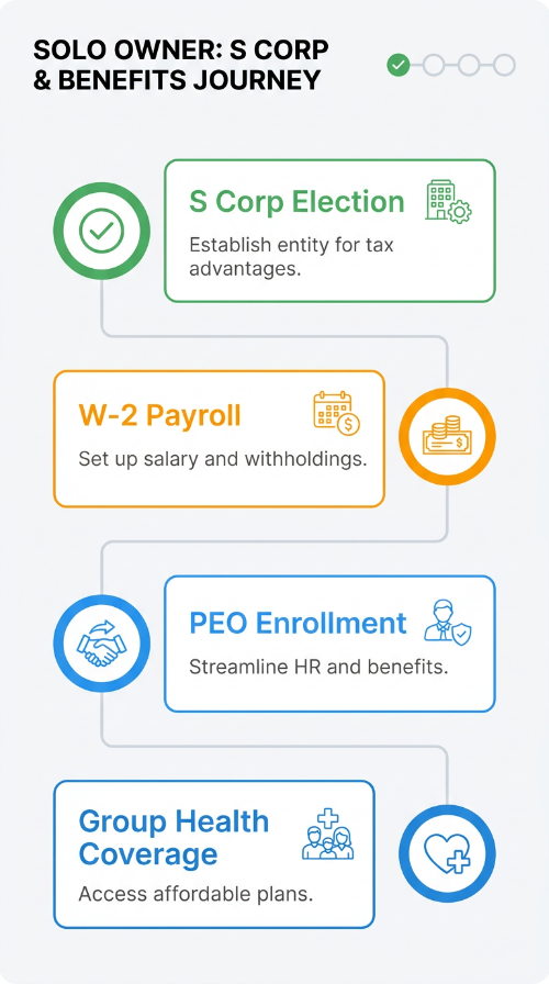 Vertical infographic timeline showing four labeled steps for a solo owner: S Corp election, W-2 payroll, PEO enrollment, and group health coverage, in a clean flat style with brand color accents and simple icons for each step.