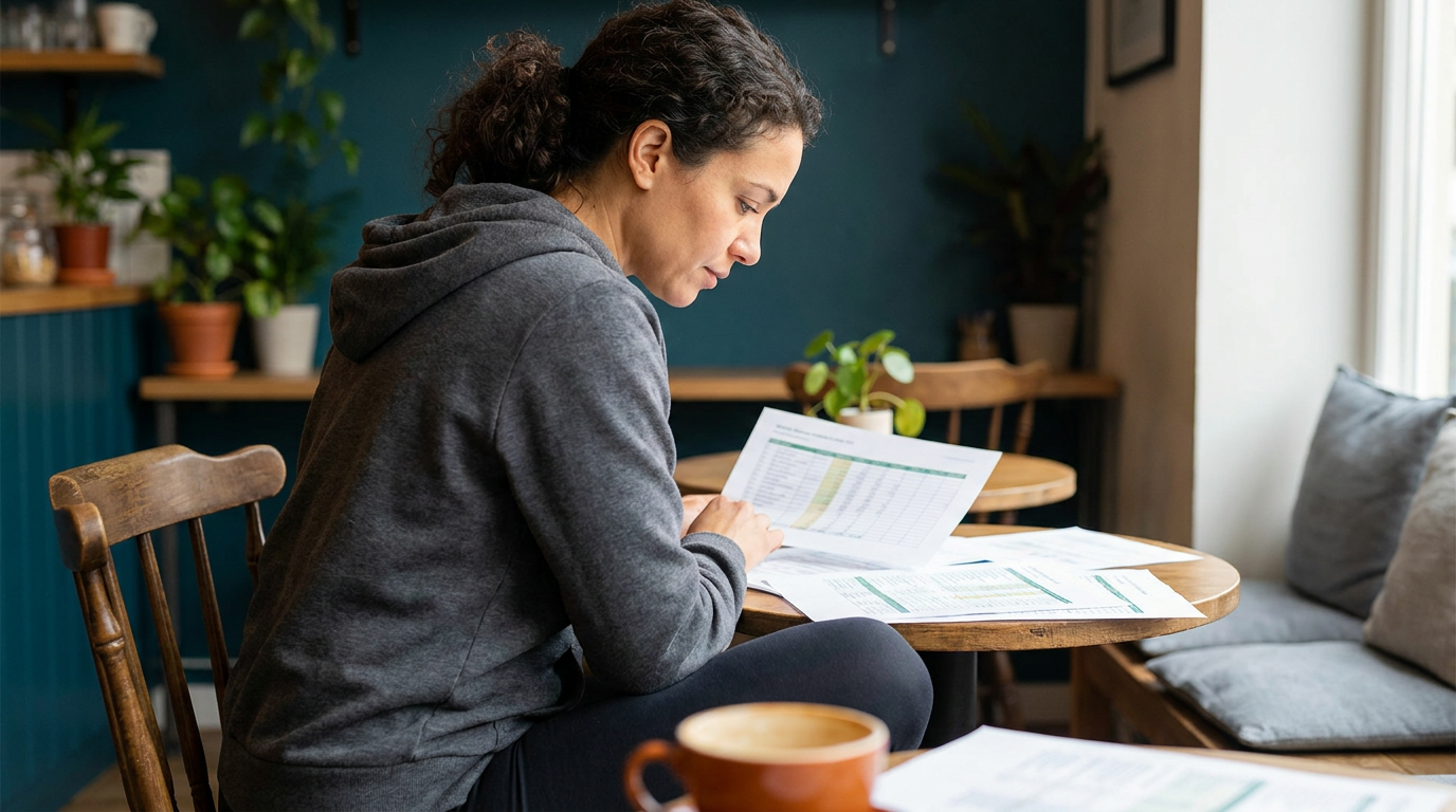 Person reviewing financial documents in a café