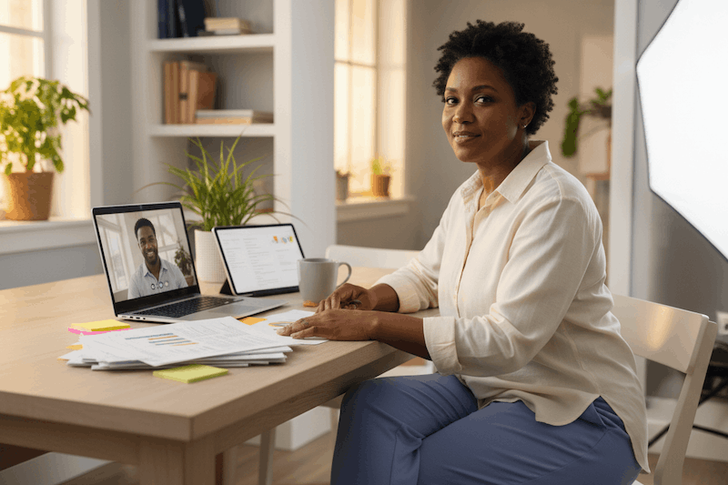 woman small business owner sits at desk with laptop